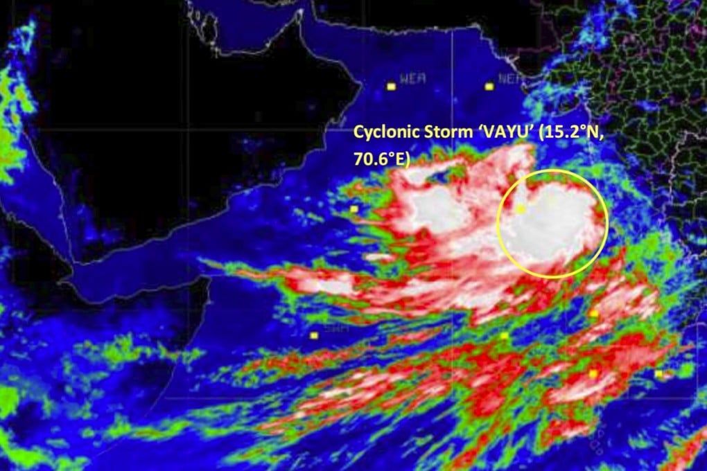 A satellite image provided by the India Meteorological Department shows Cyclone Vayu crossing the Arabian Sea towards India. Photo: AP