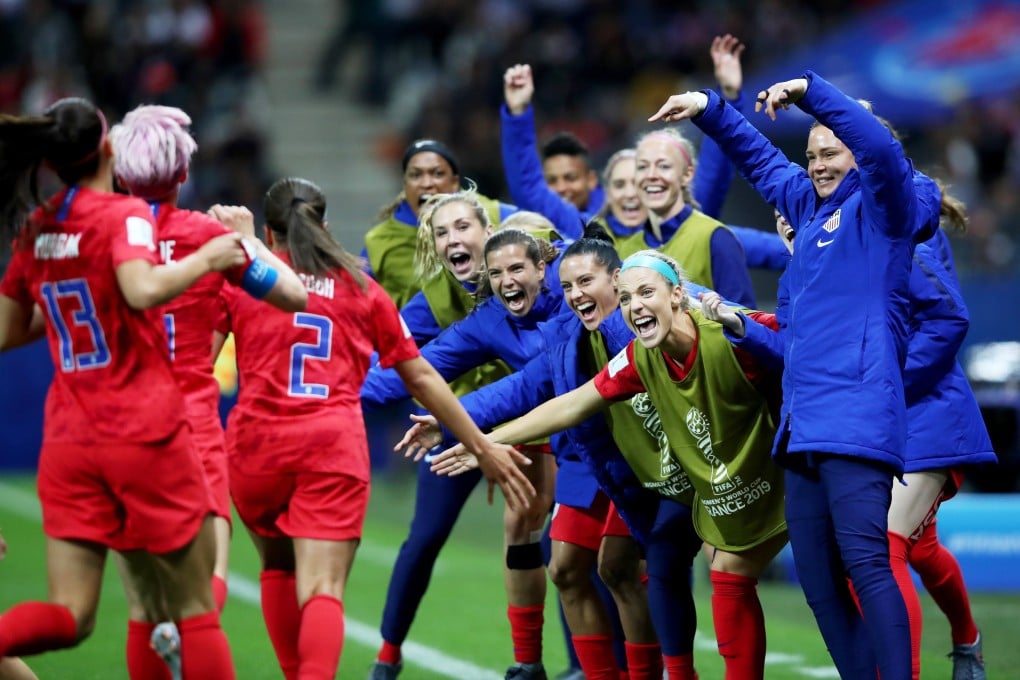 Mallory Pugh (2) of the USA celebrates her goal with teammates during the Fifa Women’s World Cup 2019 win over Thailand. Photo: EPA