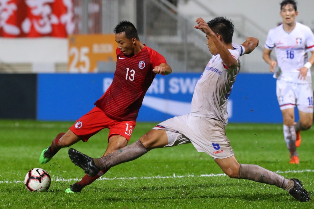 Hong Kong’s Chan Kwong-ho tries to elude the outstretched leg of Taiwan’s Chen Wei-chuan during Tuesday night’s football friendly at Mong Kok Stadium. Photo: Edmond So