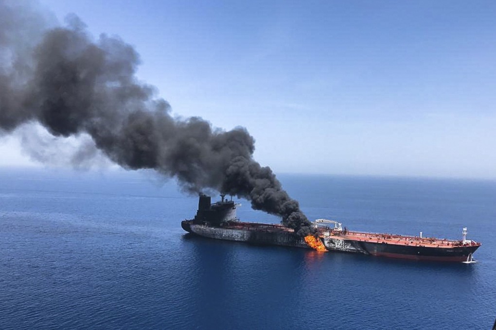 An oil tanker on fire in the Sea of Oman on June 13. Photo: AP