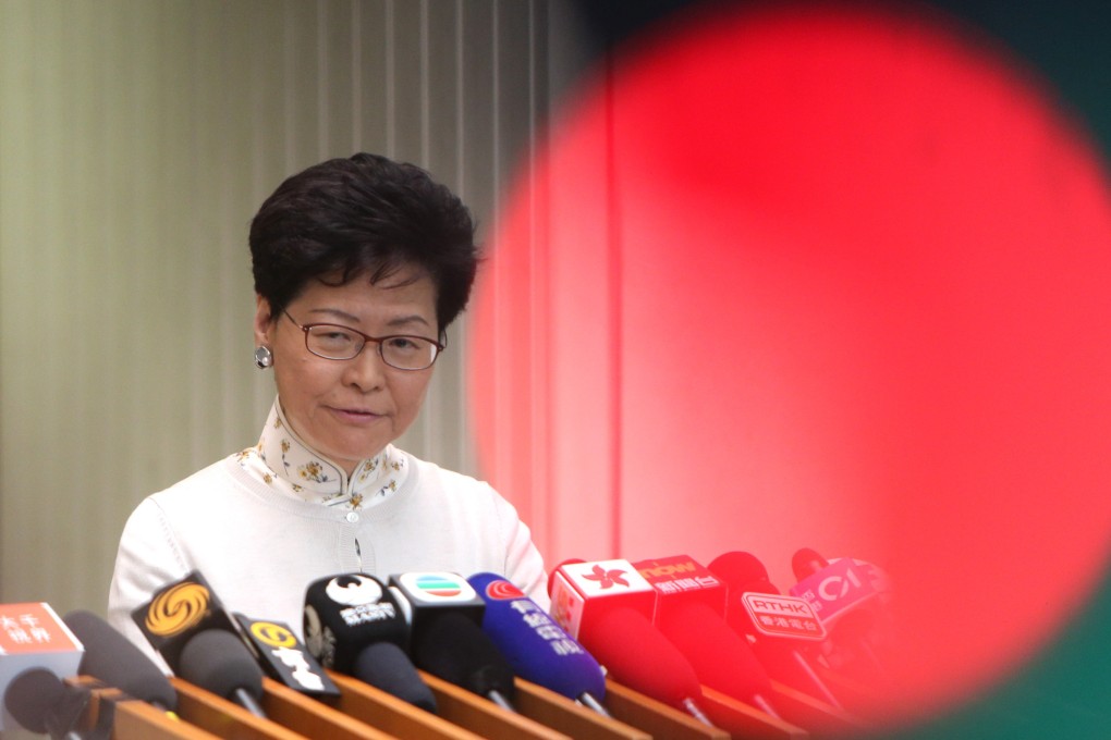 Chief Executive Carrie Lam speaks to the media and urges schools, businesses and unions to think twice before going on strike in protest against the extradition bill legislation at the Chief Executive’s office in Tamar, Admiralty, on June 11. Photo: Winson Wong