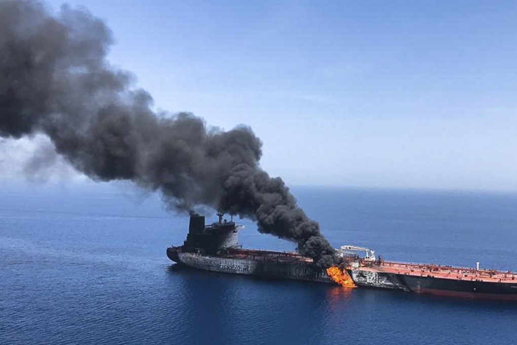 An oil tanker on fire in the sea of Oman, on June 13, 2019. Two oil tankers near the strategic Strait of Hormuz were reportedly attacked amid heightened tensions between Washington and Tehran. Photo: AP
