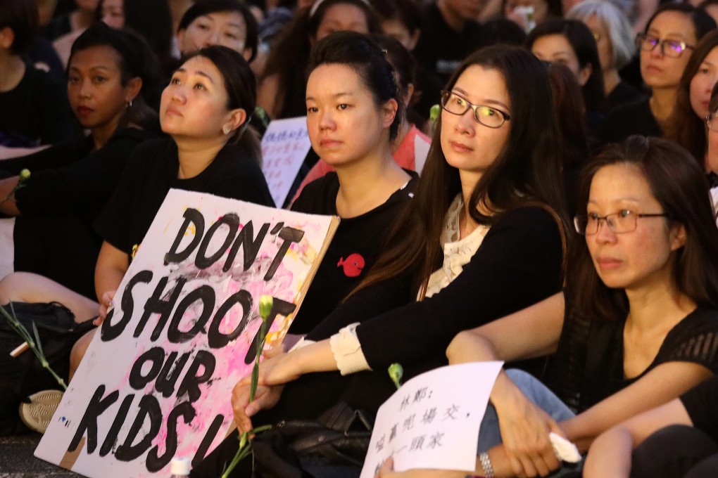 Mothers show their support for the anti-extradition protesters at a sit-in on Friday evening. Photo: Dickson Lee