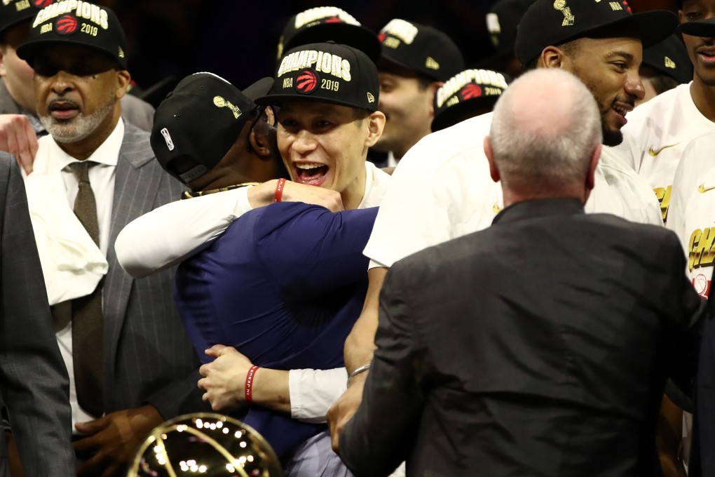 Jeremy Lin celebrates his team’s win over the Golden State Warriors in game six to win the 2019 NBA Finals. Photo: AFP