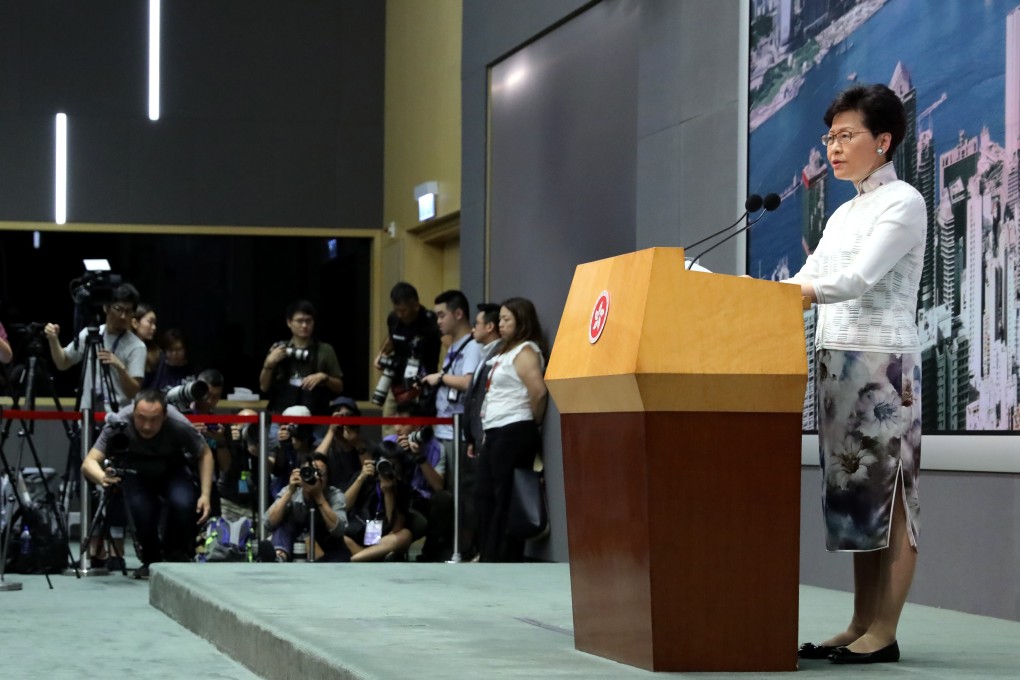 Hong Kong Chief Executive Carrie Lam announces the suspension of the extradition bill. Photo: K. Y. Cheng