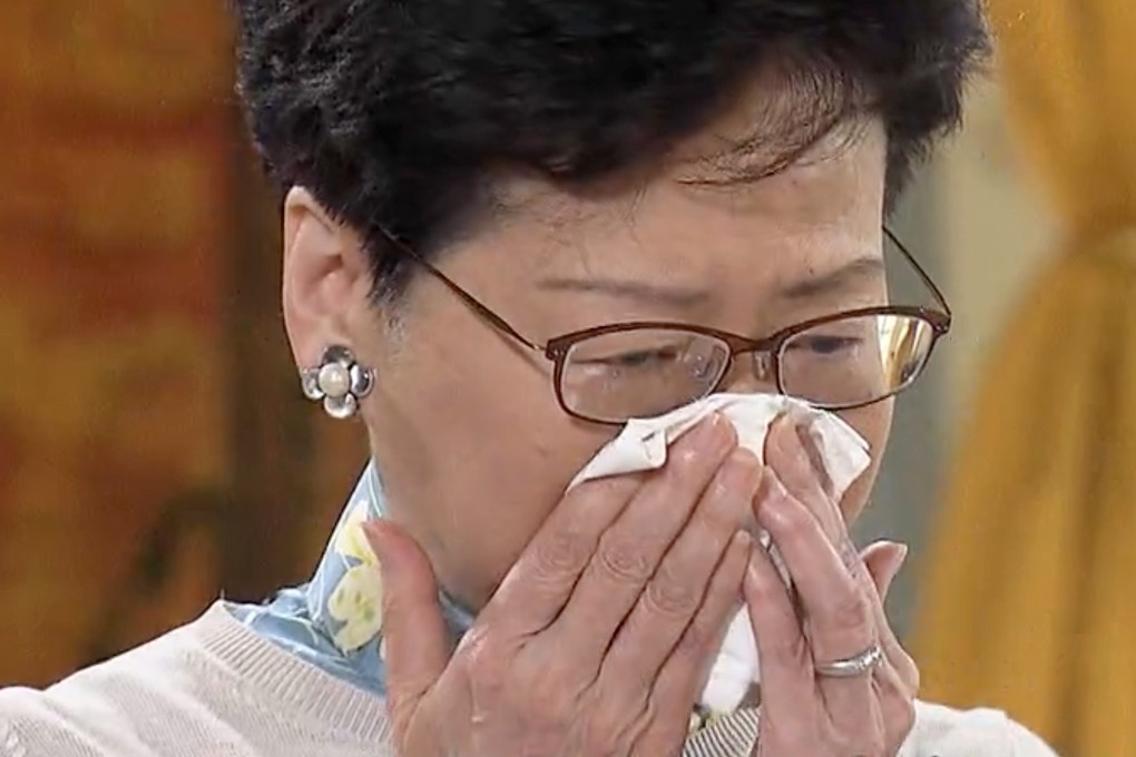 Chief Executive Carrie Lam becomes emotional during a TVB interview on the extradition bill controversy. Photo: TVB News
