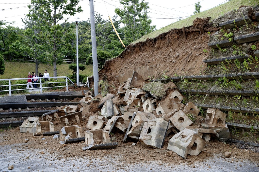 A collapsed slope after an earthquake in Murakami, Niigata prefecture, in Japan on Wednesday. Photo: Kyodo via Reuters