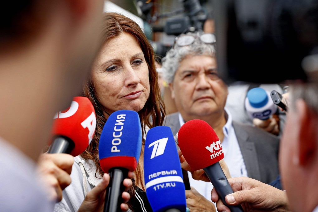 Silene Fredriksz, whose son was killed on the MH17 crash, speaks to reporters. Photo: AFP
