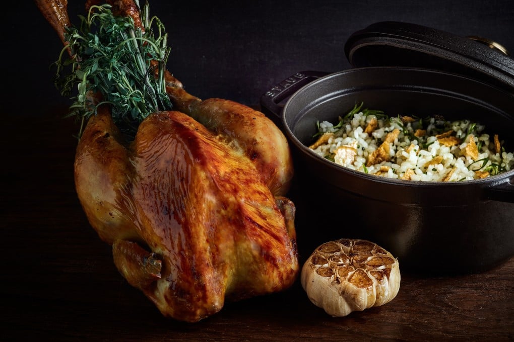 Roasted Hong Kong yellow chicken, Niigata rice en cocotte at Louise, French chef Julien Royer’s new restaurant in PMQ, in Hong Kong’s Central district. Photo: Louise