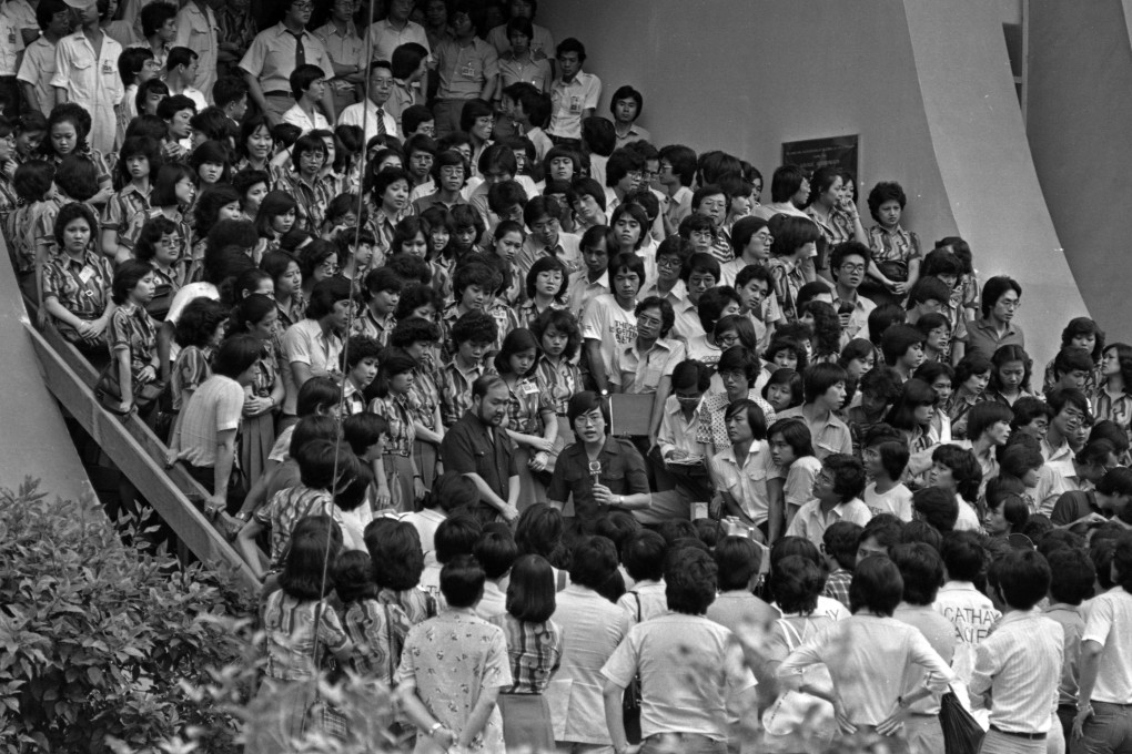 Cathay Pacific staff hold a union meeting at the Hong Kong Baptist College on June 17, 1981. Photo: SCMP