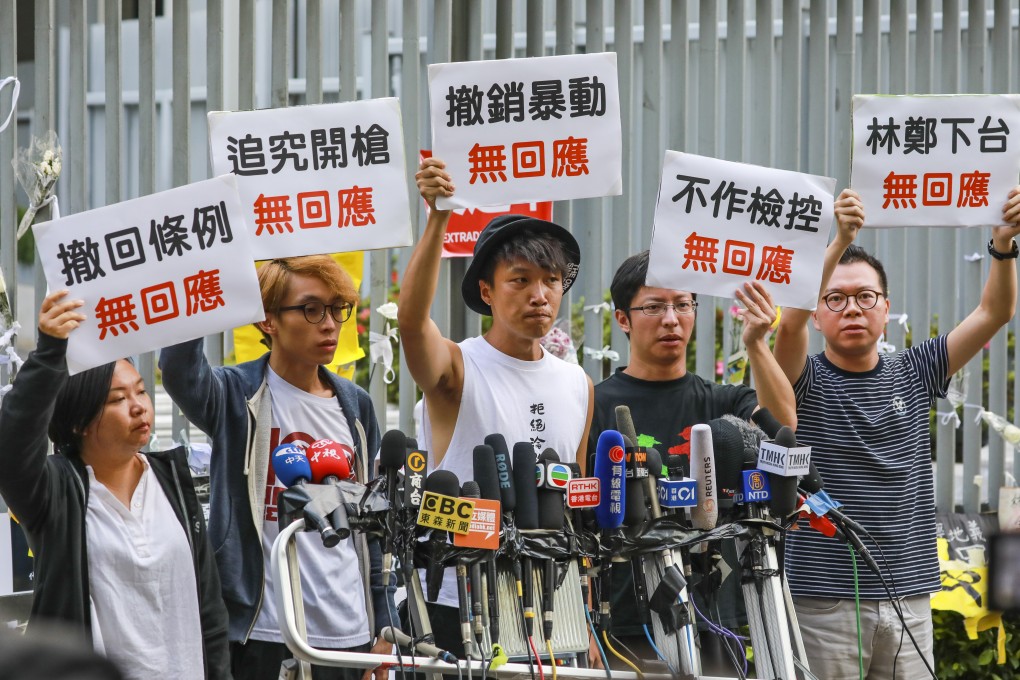 Members of the Civil Human Rights Front outside government headquarters in Tamar on Tuesday. Many officials are worried about more protests. Photo: May Tse