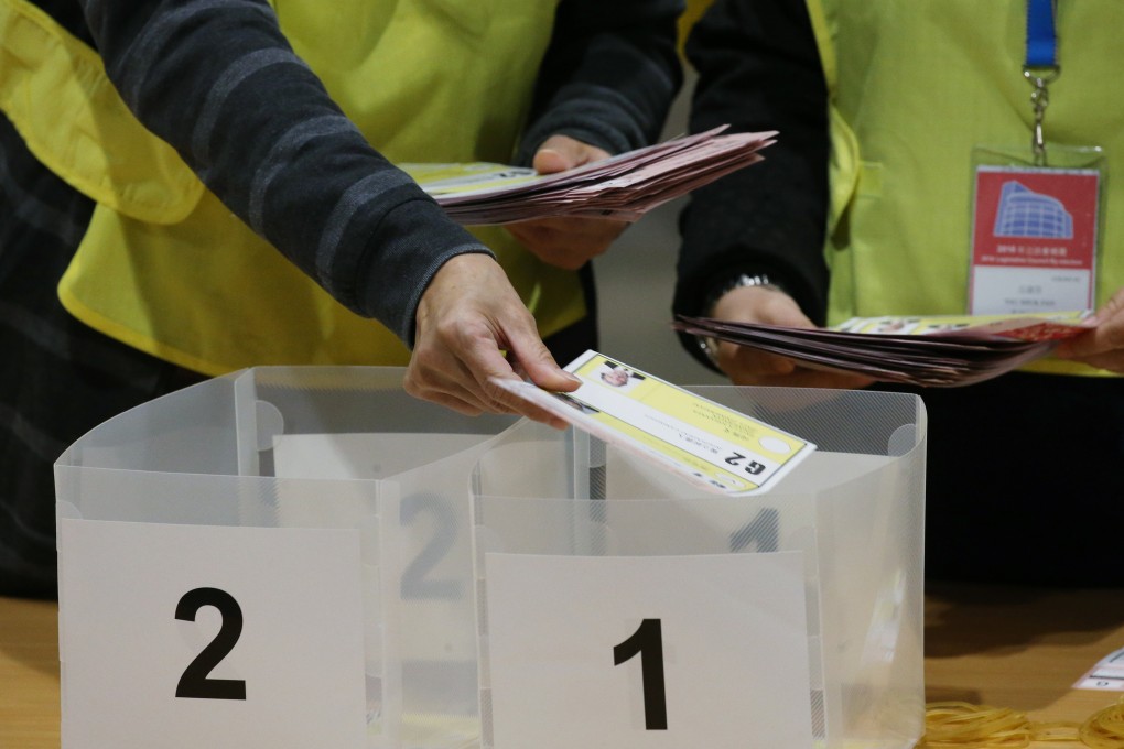 Votes are counted for a Legislative Council by-election, at the Convention and Exhibition Centre in Wan Chai on March 12, 2018. Hong Kong will vote in District Council elections in November this year and in Legislative Council elections in September 2020. Photo: Sam Tsang