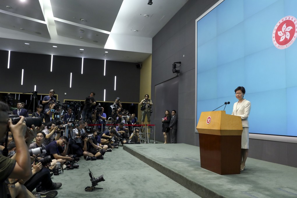 Chief Executive Carrie Lam Cheng Yuet-ngor announces the suspension of the extradition bill following two mass rallies. Photo: Sam Tsang