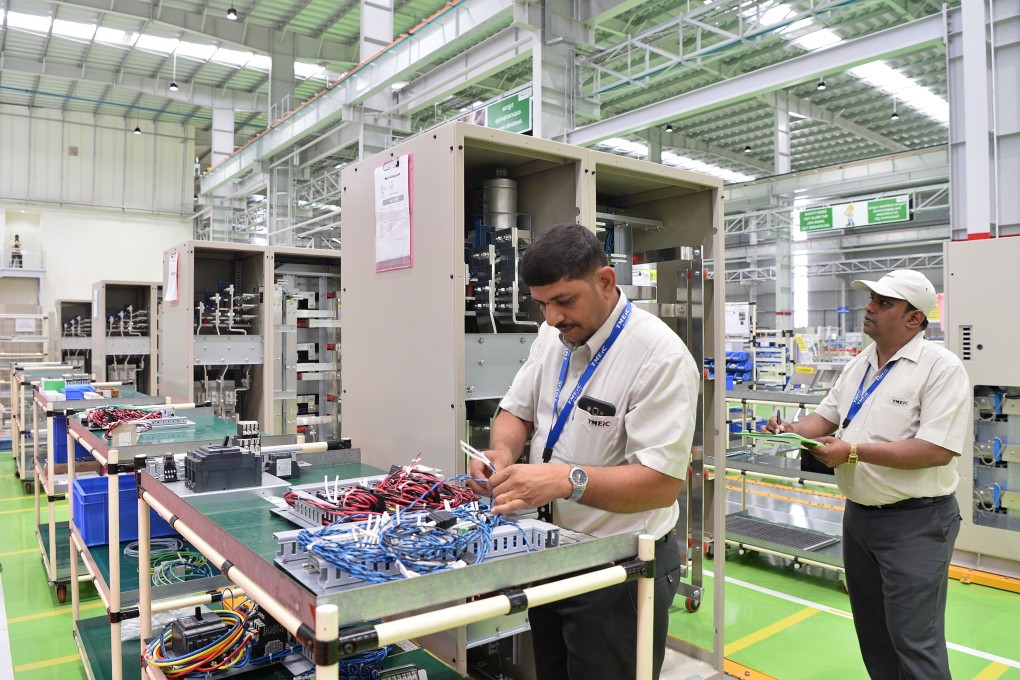 The assembly line of the Toshiba Mitsubishi-Electric Industrial Systems Corporation (TMEIC) in Tumakuru, some 100 kilometres from Bangalore on September 25, 2017. Photo: Agence France-Presse