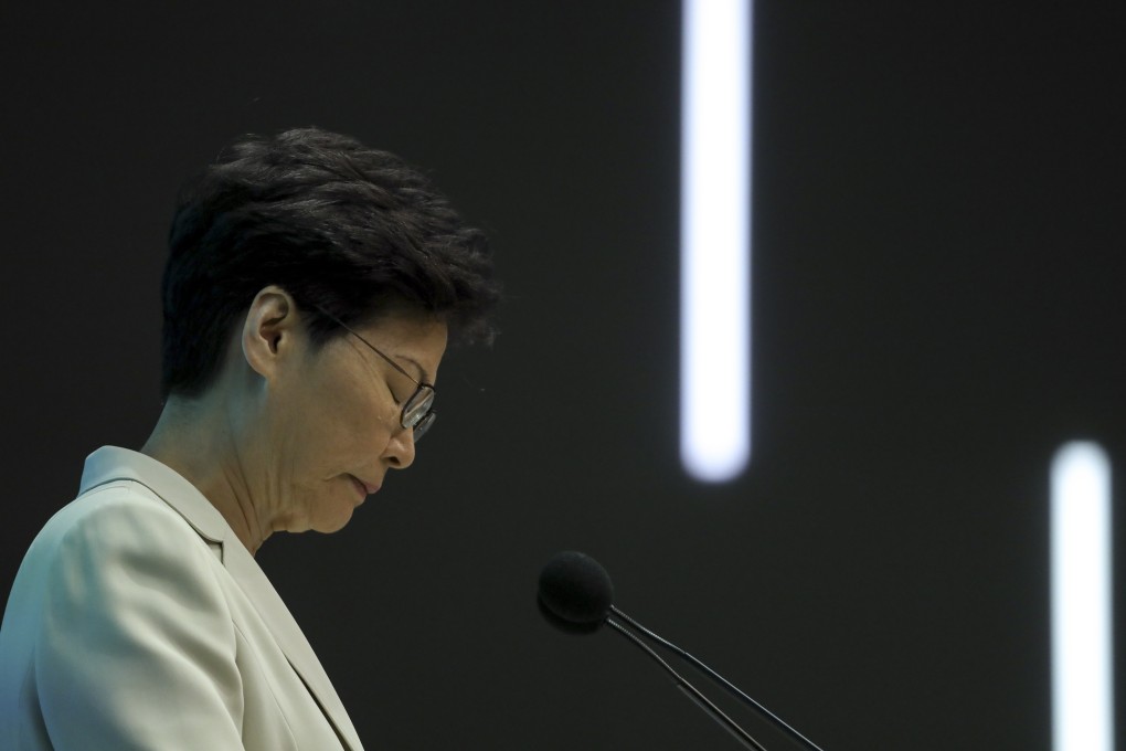 Chief Executive Carrie Lam tenders her “most sincere apology” as she announces the suspension of the extradition bill, at the government headquarters in Admiralty on June 18. She also admitted the shortcomings of her government and promised to redouble efforts to heal the divided city Photo: Sam Tsang
