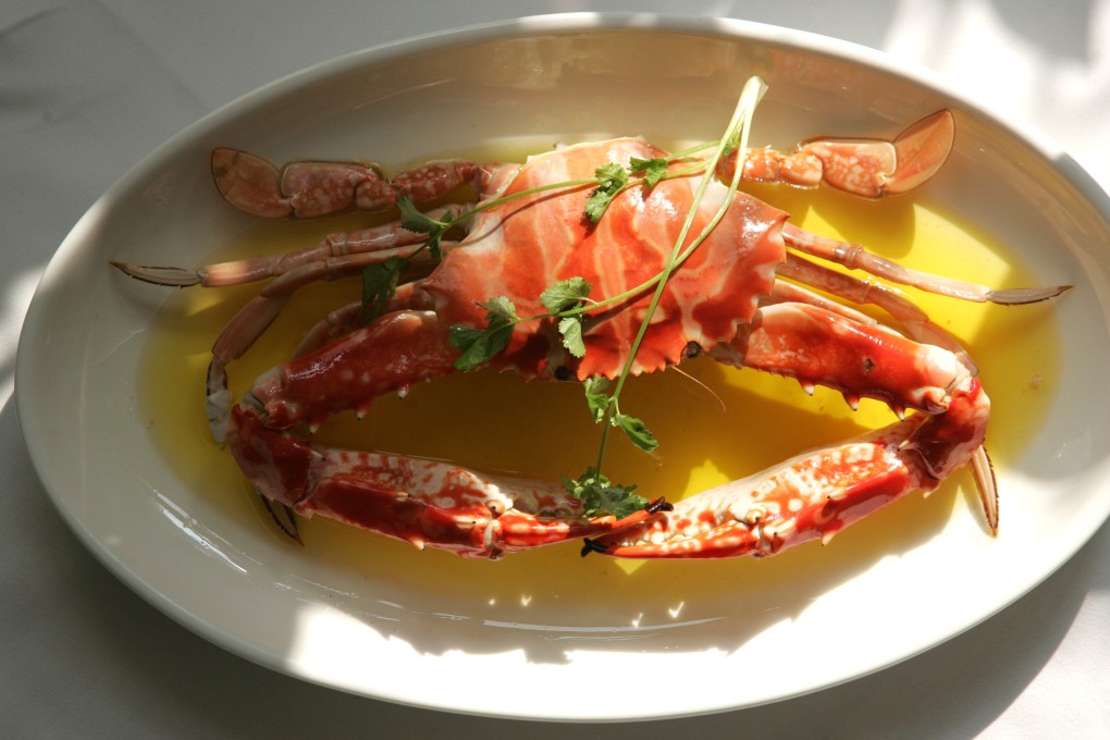 Steamed fresh flower crab with aged Shaoxing wine and fragrant chicken oil from The Chairman, in Kau U Fong, Central. The Cantonese restaurant, a new entry this week at 41st on the World’s 50 Best Restaurants list, will collaborate on a burger and shake with American fast-food chain Shake Shack. Photo: Felix Wong
