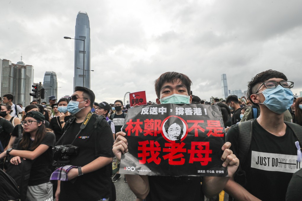 A young protester in Tamar holds a placard that says “Carrie Lam is not my mother”. Photo: Sam Tsang