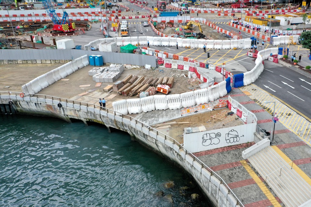 Water-filled barricades block roads leading to the Hong Kong Convention and Exhibition Centre in Wan Chai. Photo: Martin Chan