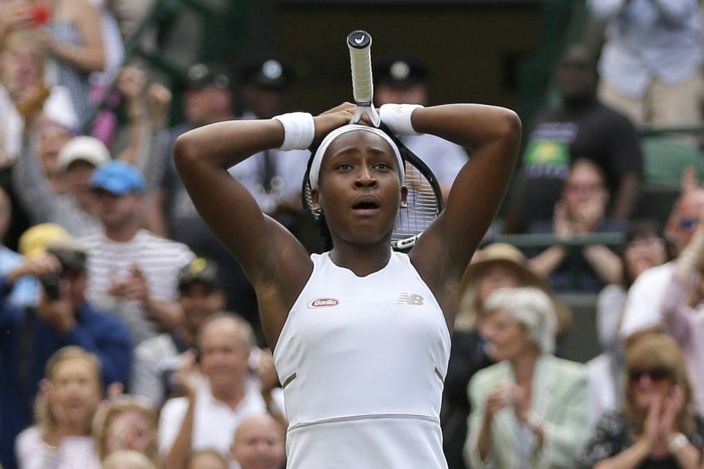 Cori ‘Coco’ Gauff looks stunned after beating Venus Williams at Wimbledon. Photos: AP