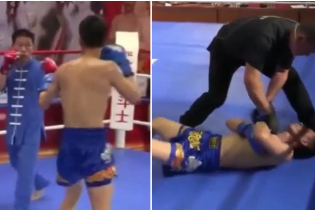 Huo Yanshan faces off against the supposed Chinese Sanda fighter – who flops to the floor in faux agony. Photos: Fighting World