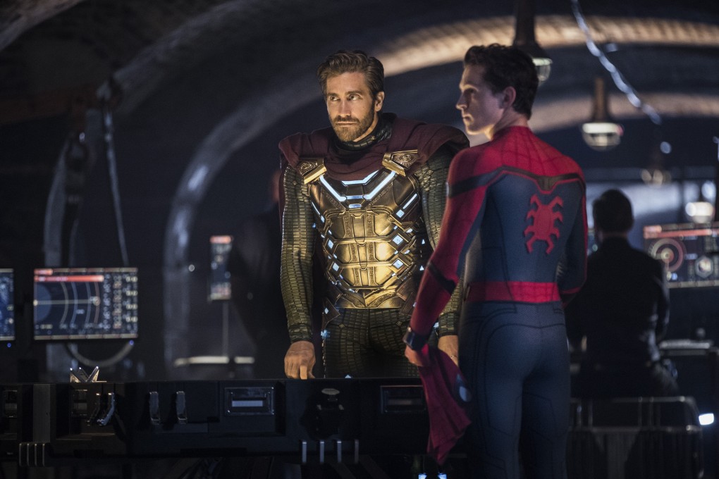 Jake Gyllenhaal, left, as Quentin Beck/Mysterio and Tom Holland in a scene from Spider-Man: Far From Home. Mysterio’s post-credits video message that makes it appear Spider-Man killed him opens a can of worms. Photo: Jay Maidment/Columbia Pictures/Sony/AP