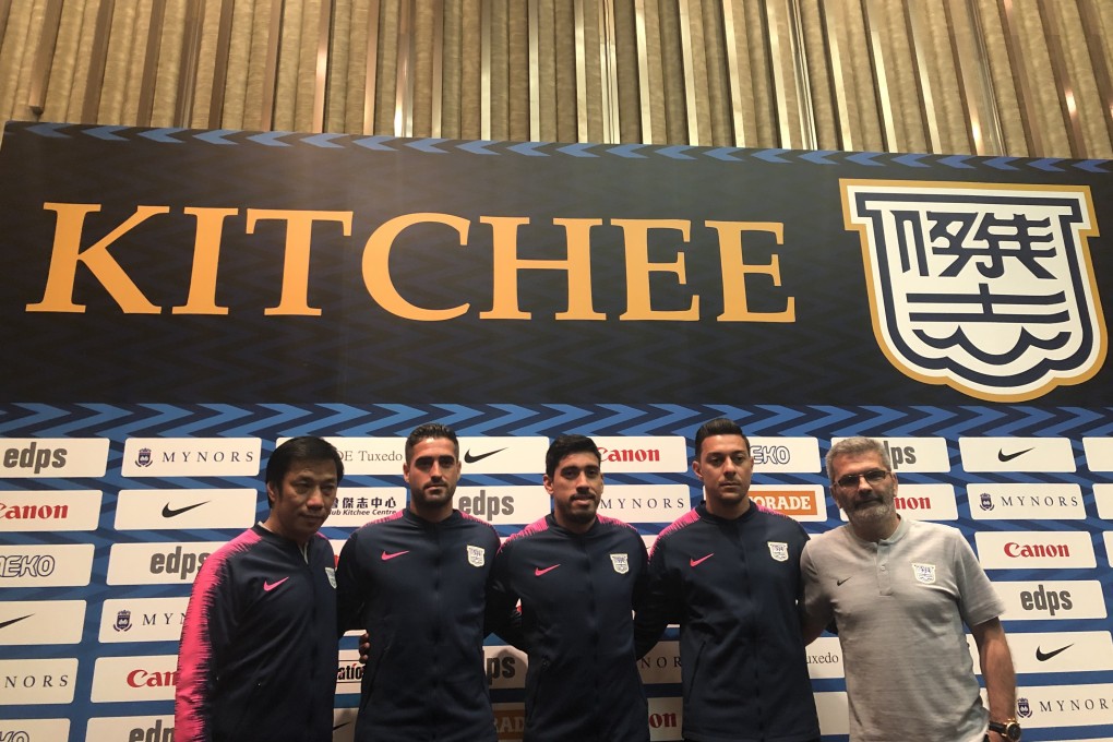 New Kitchee coach Sliskovic (right) and Kitchee new signings – Willingsson Souza, Cleiton de Oliveira and Bleda Rodriguez. Photo: Chan Kin-wa