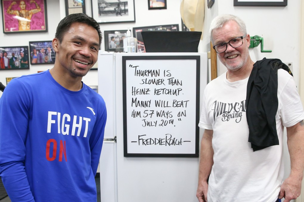 Manny Pacquiao and Freddie Roach have some fun at Keith Thurman’s expense during training. Photo: Handout