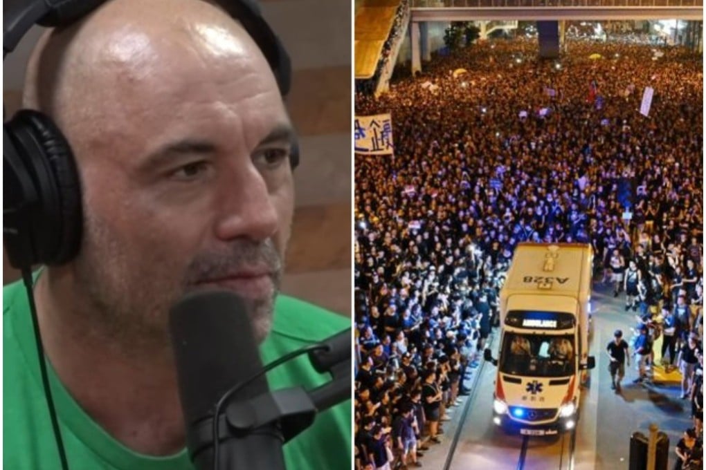 Joe Rogan on his YouTube show (left), discussing Hong Kong protesters parting for an ambulance during the June 16 protest. Photos: Joe Rogan Show/AFP
