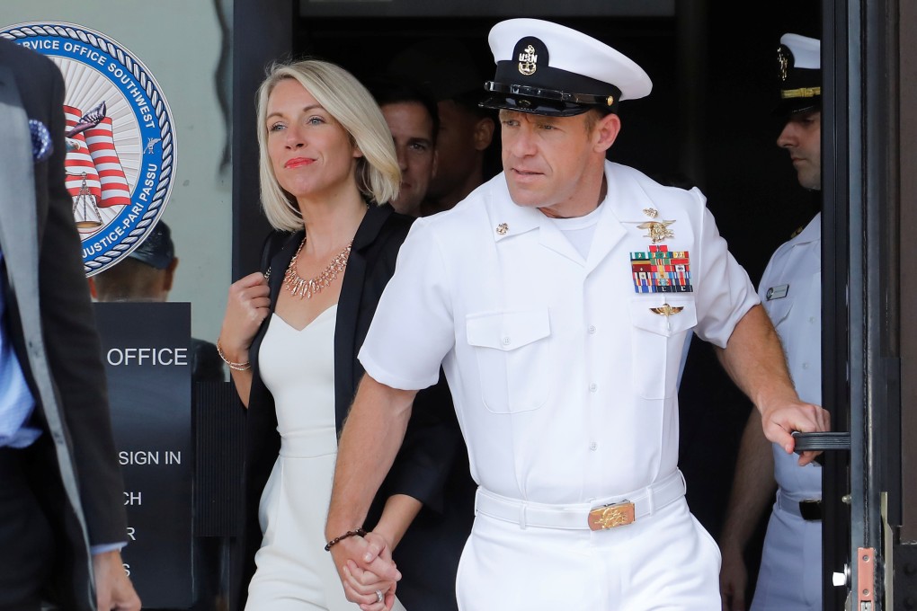 US Navy Seal Edward Gallagher, with wife Andrea Gallagher, leaves court after being acquitted of most of the serious charges against him during his trial at Naval Base San Diego on Tuesday. Photo: Reuters