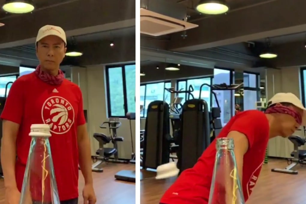 Donnie Yen takes up the ‘Bottle Cap Challenge’ – but wearing a blindfold. Photos: Instagram