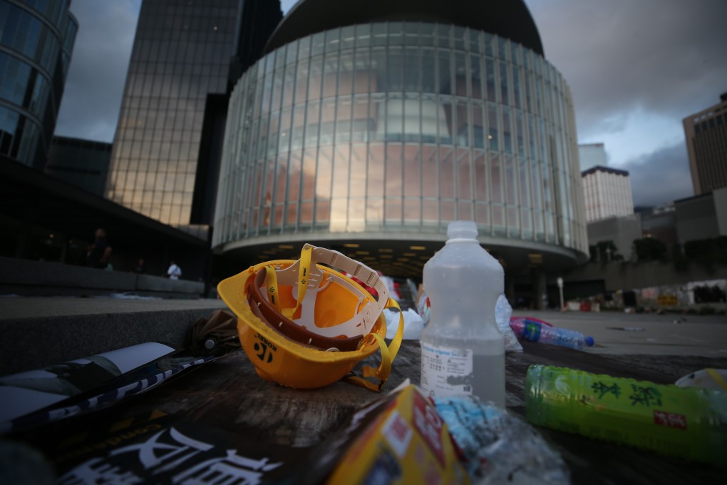 A protester’s helmet is seen outside the Legislative Council after the building was stormed and its interior vandalised on July 1. Photo: Winson Wong