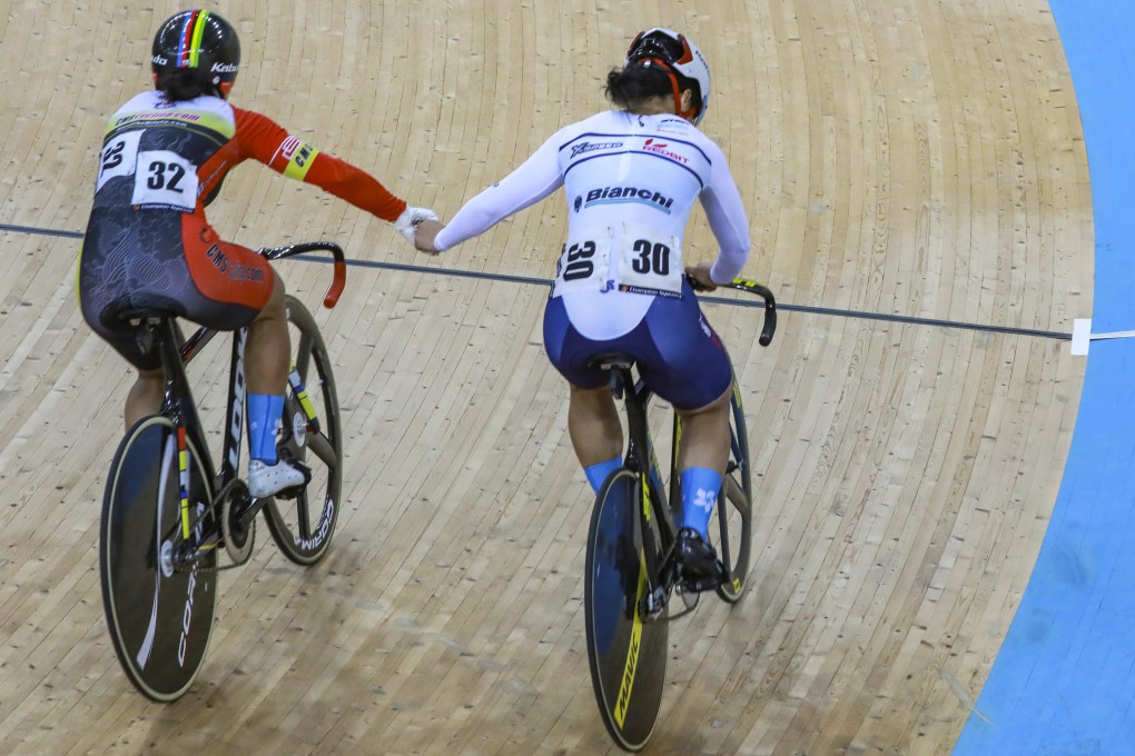 Sarah Lee joins hands with Jessica Lee after winning the women’s keirin final at the Hong Kong track cycling championships at the Hong Kong velodrome in Tseung Kwan O. Photo: May Tse