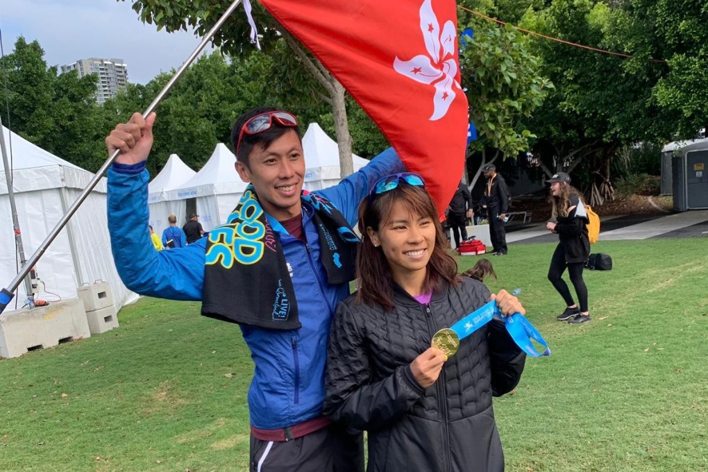 Christy Yiu and her husband Chan Ka-ho after breaking the Hong Kong women's marathon record. Photo: Handout