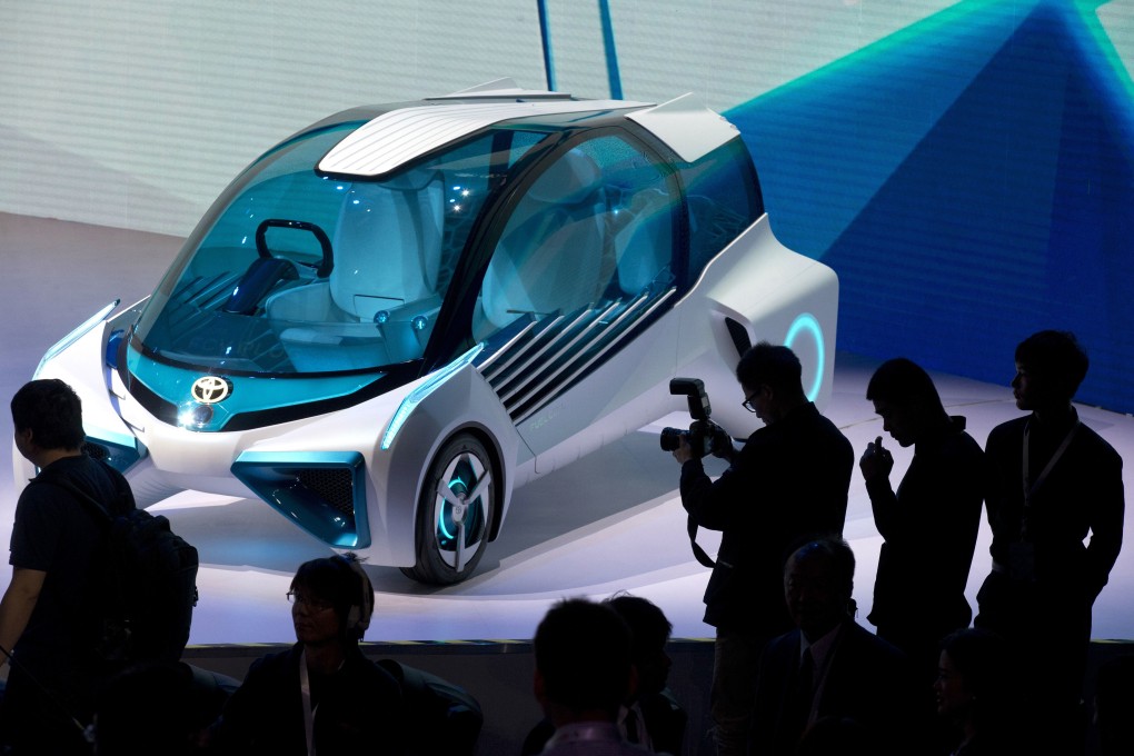 A Toyota hydrogen fuel-cell concept car, the Toyota FCV PLUS, is displayed ahead of the Auto China auto show in Beijing on April 24, 2016. Photo: AP