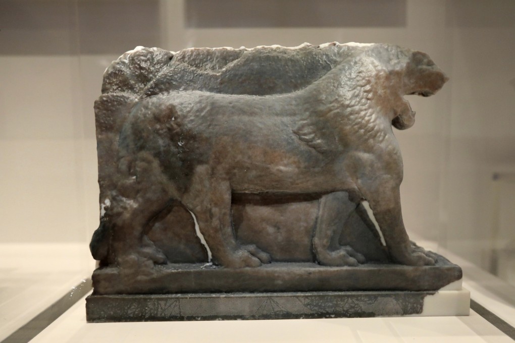 A 3D-printed recreation of the ancient Lion of Mosul displayed at the Imperial War Museum in London. Photo: AP