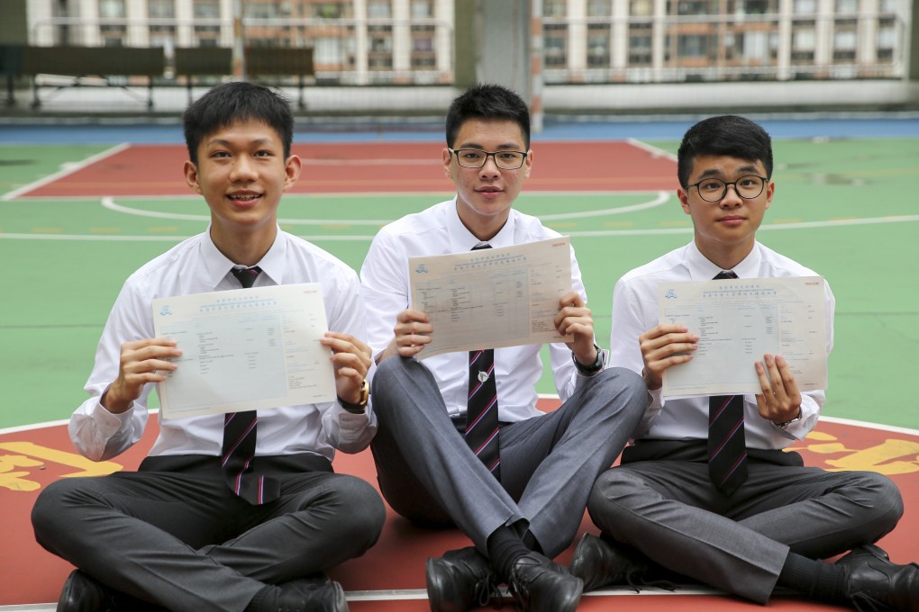 (L-R) Herbert Hui, Alex Wong and Victor Siu with their Diploma of Secondary Education exam results slips at La Salle College on Wednesday. Photo: Winson Wong