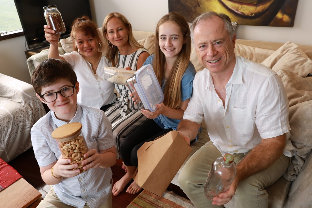 Plastic-free pioneers (from left) Nicholas Dixon, Gina Venus (helper), Adriane Rysz, Charlotte Dixon and Anthony Dixon at their home in Happy Valley. Photo: May Tse