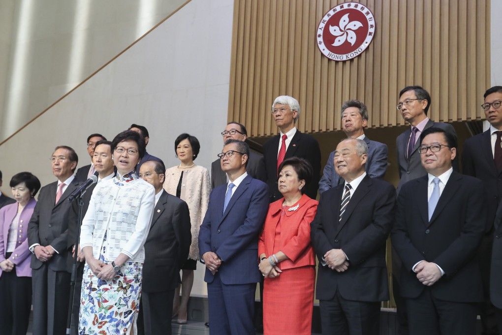 Chief Executive Carrie Lam presents her Executive Council shortly after taking office in July 2017. Photo: Edward Wong