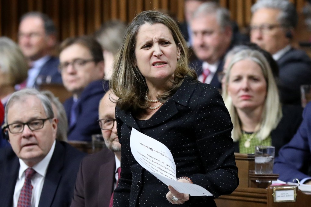 Canada’s foreign minister, Chrystia Freeland, criticised sacked former ambassador to China John McCallum for telling Beijing its policies would benefit Justin Trudeau’s hardline rivals in the upcoming Canadian election. Photo: Reuters