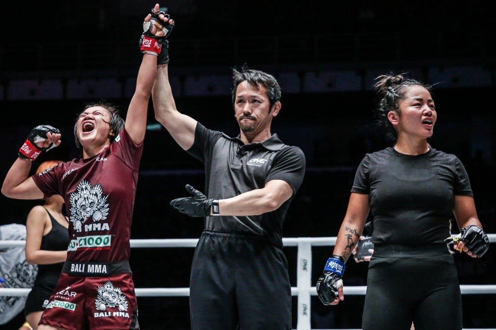 Bozhena Antoniyar’s arm is raised as Bi Nguyen (right) looks incredulous. Photos: One Championship