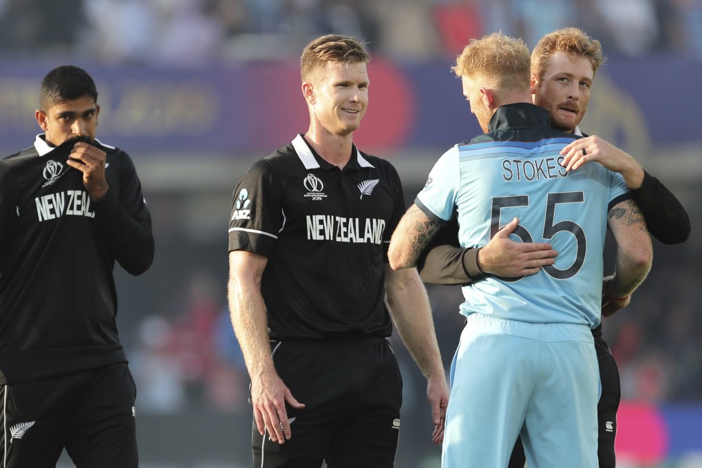 New Zealand's Martin Guptill congratulates Ben Stokes after England won the Cricket World Cup final. Photo: AP