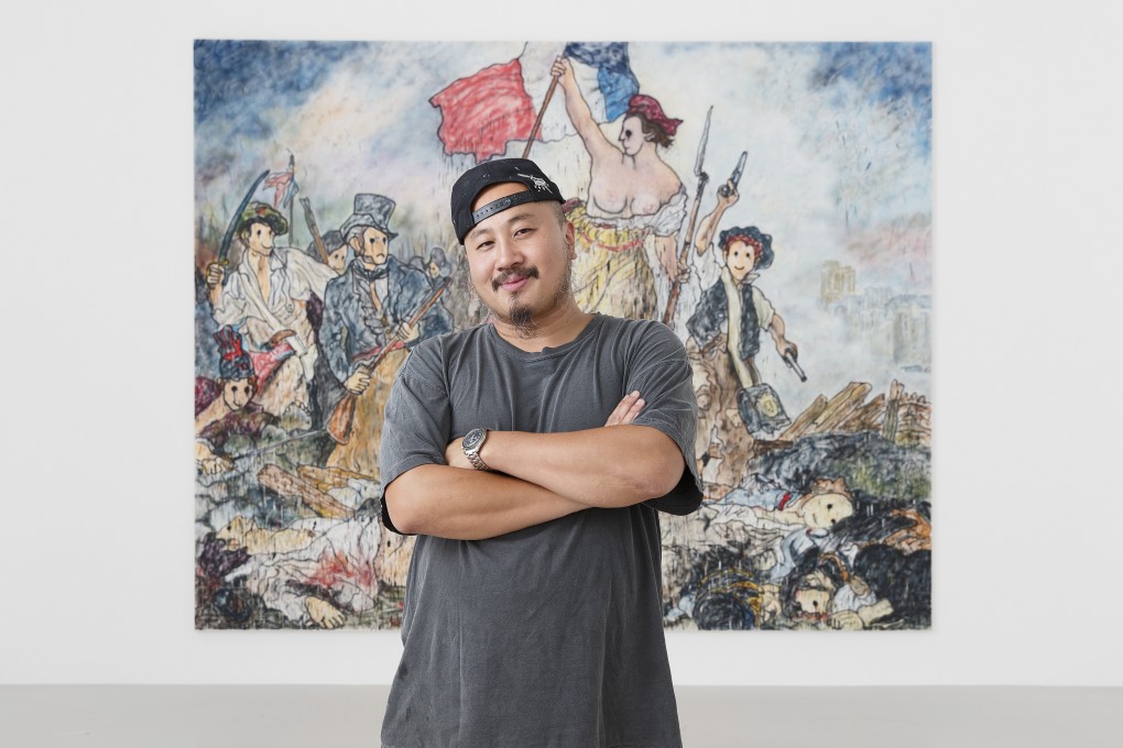 Artist Madsaki in front of French Fries with Mayo, at the Galerie Perrotin, in Paris. Photo: courtesy Perrotin / Claire Dorn