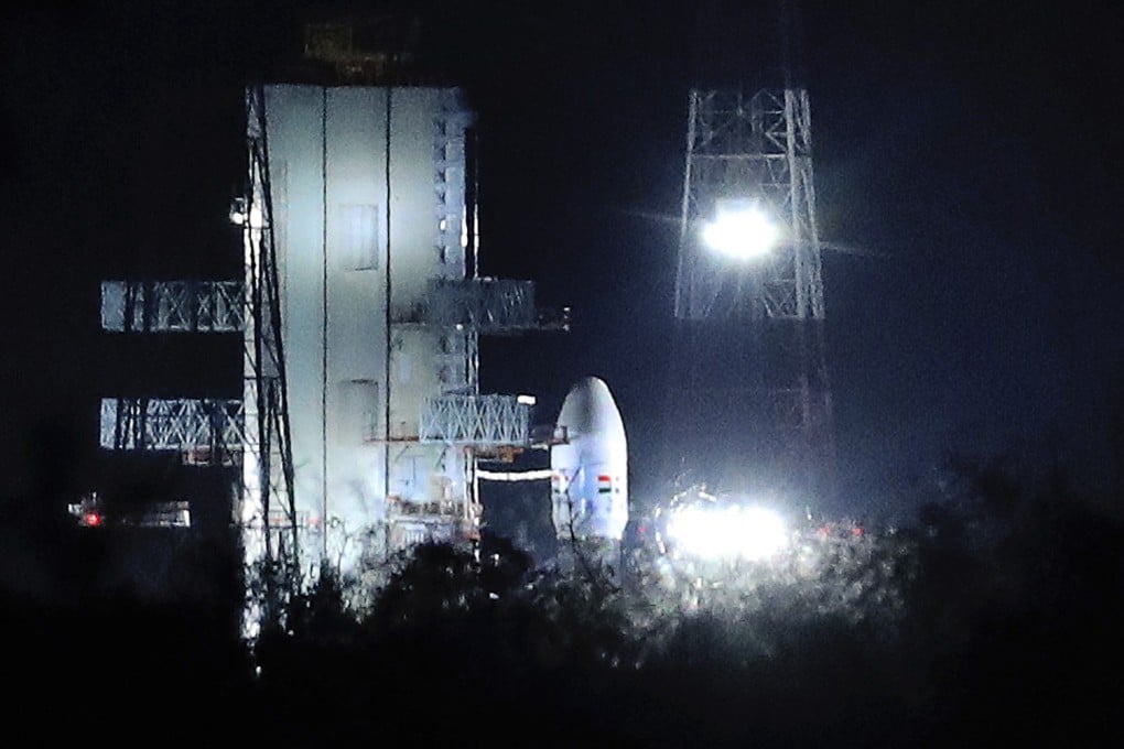 The Geosynchronous Satellite Launch Vehicle MkIII carrying Chandrayaan-2 stands idle at Satish Dhawan Space Centre after the mission was aborted. Photo: AP