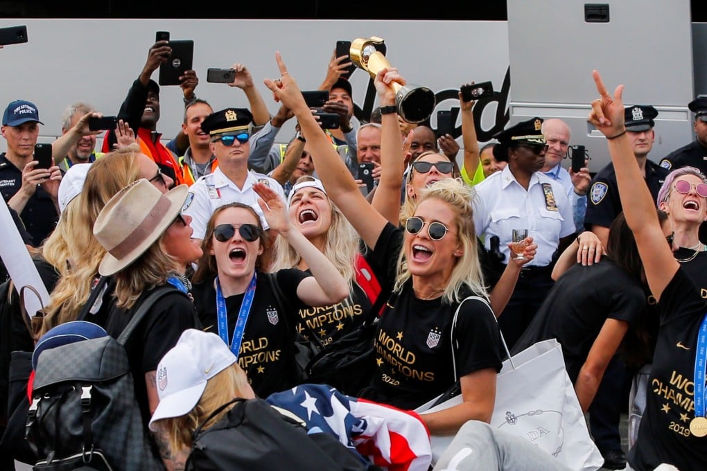 The US women’s national soccer team celebrates as they arrive at Newark International Airport on July 8 after winning the Fifa World Cup. Photo: Reuters