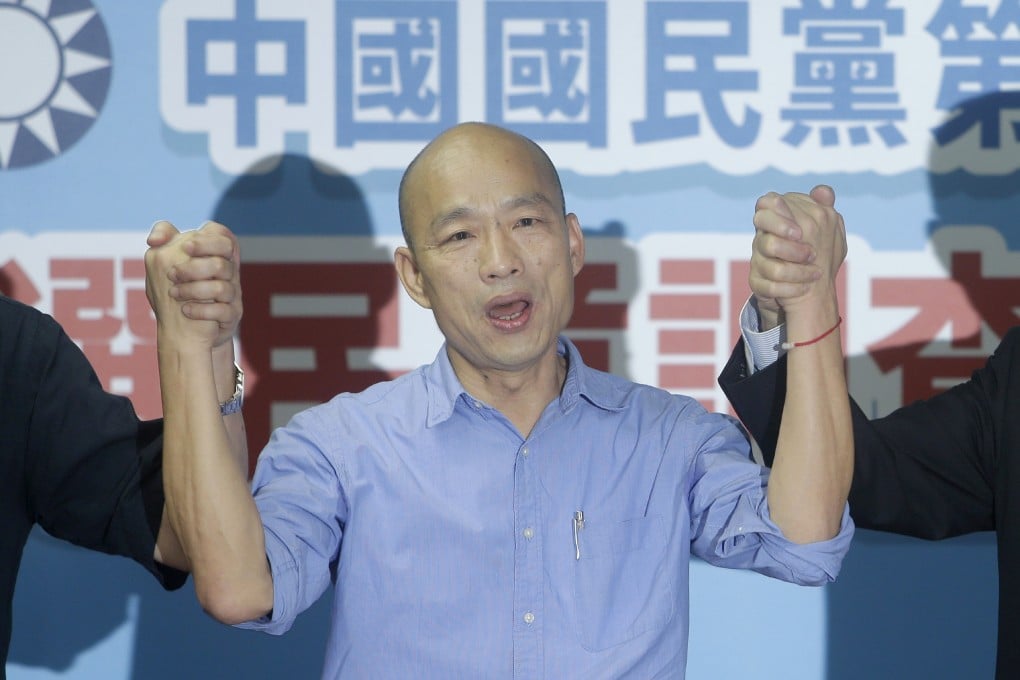 Han Kuo-yu raises his hands after winning the Kuomintang nomination to run for Taiwan’s presidential election on Monday. Photo: AP