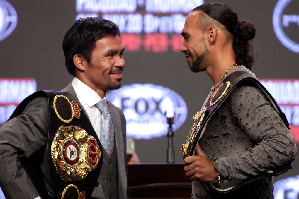 Manny Pacquiao (left) and Keith Thurman hold their final press conference at the MGM Grand Hotel & Casino in Las Vegas. Photo: AFP