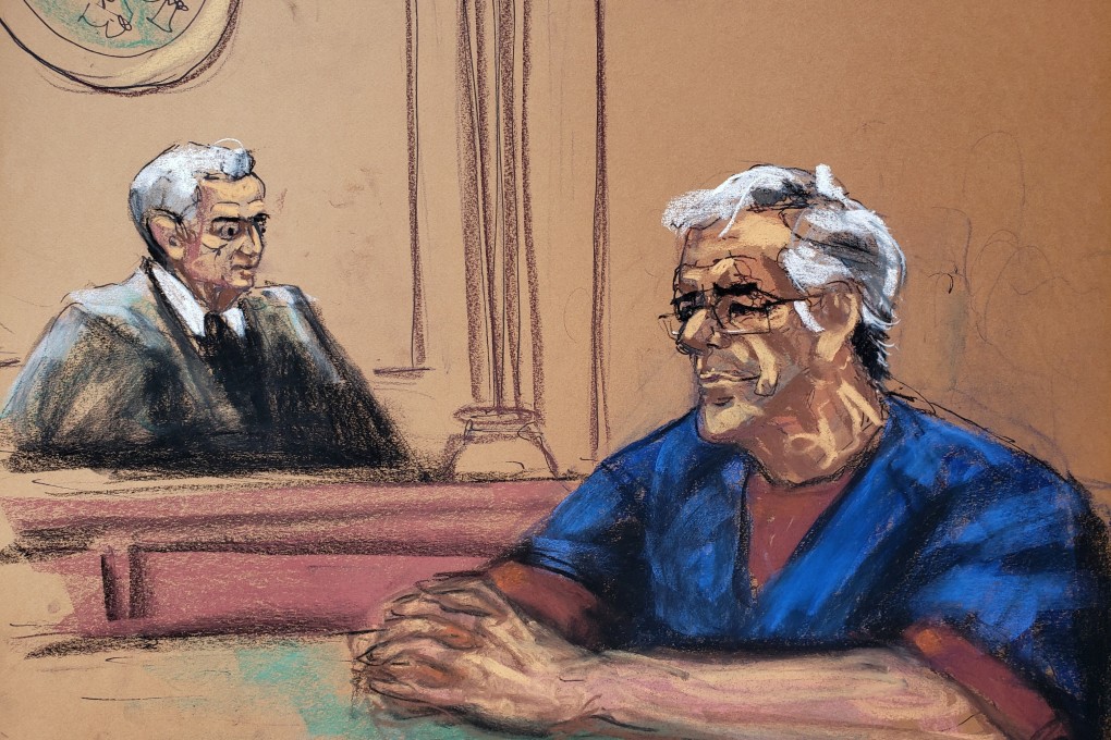 US financier Jeffrey Epstein looks on near Judge Richard Berman during a bail hearing in his sex trafficking case, in this court sketch in New York on Thursday. Image: Jane Rosenberg via Reuters