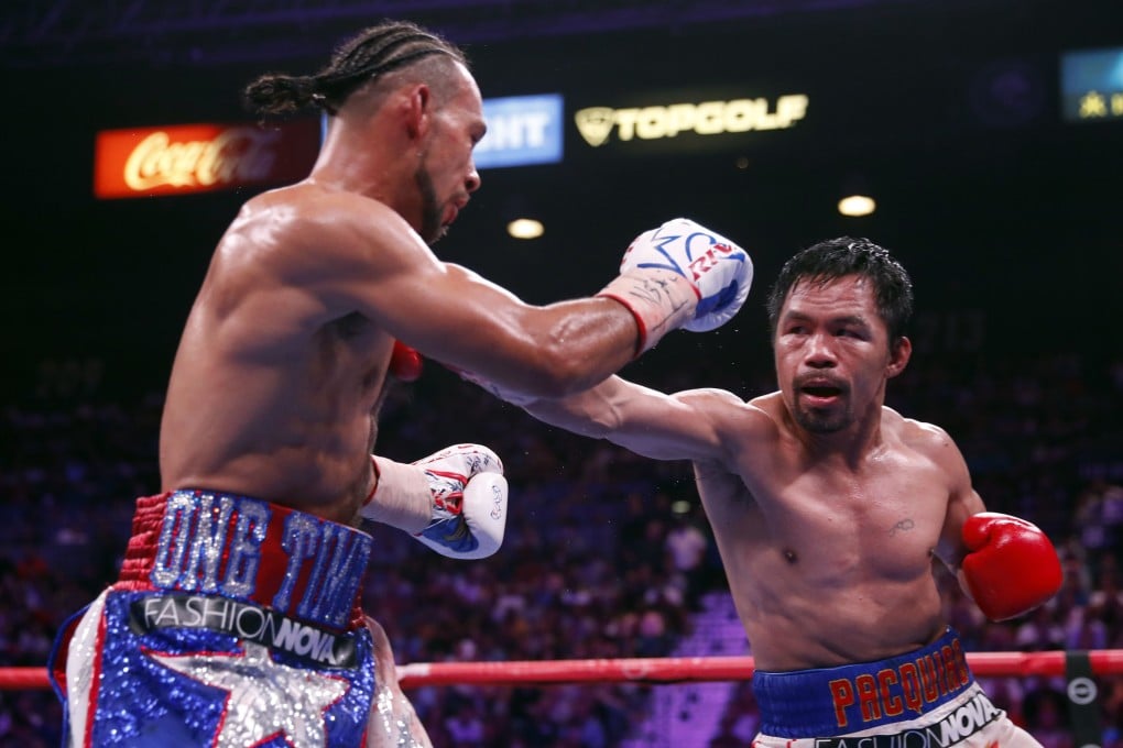 Manny Pacquiao throws a right hand against Keith Thurman during their WBA super welterweight title fight at the MGM Grand Garden Arena. Photo: AFP