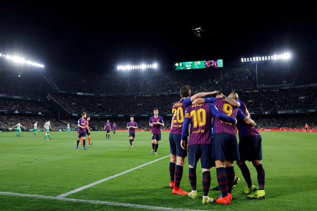 Barcelona’s Luis Suarez celebrates scoring with Lionel Messi, Sergi Roberto and teammates. Photo: Reuters