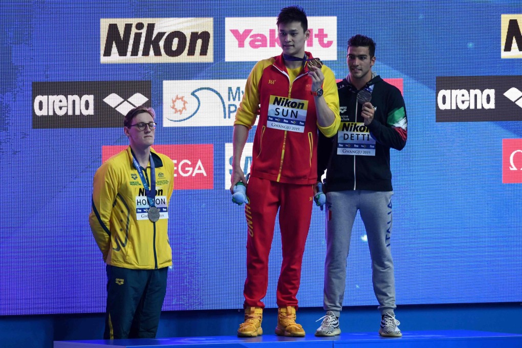 Silver medallist Mack Horton of Australia (left) refused to stand on the podium with gold medallist Sun Yang of China on Sunday. Photo: AFP